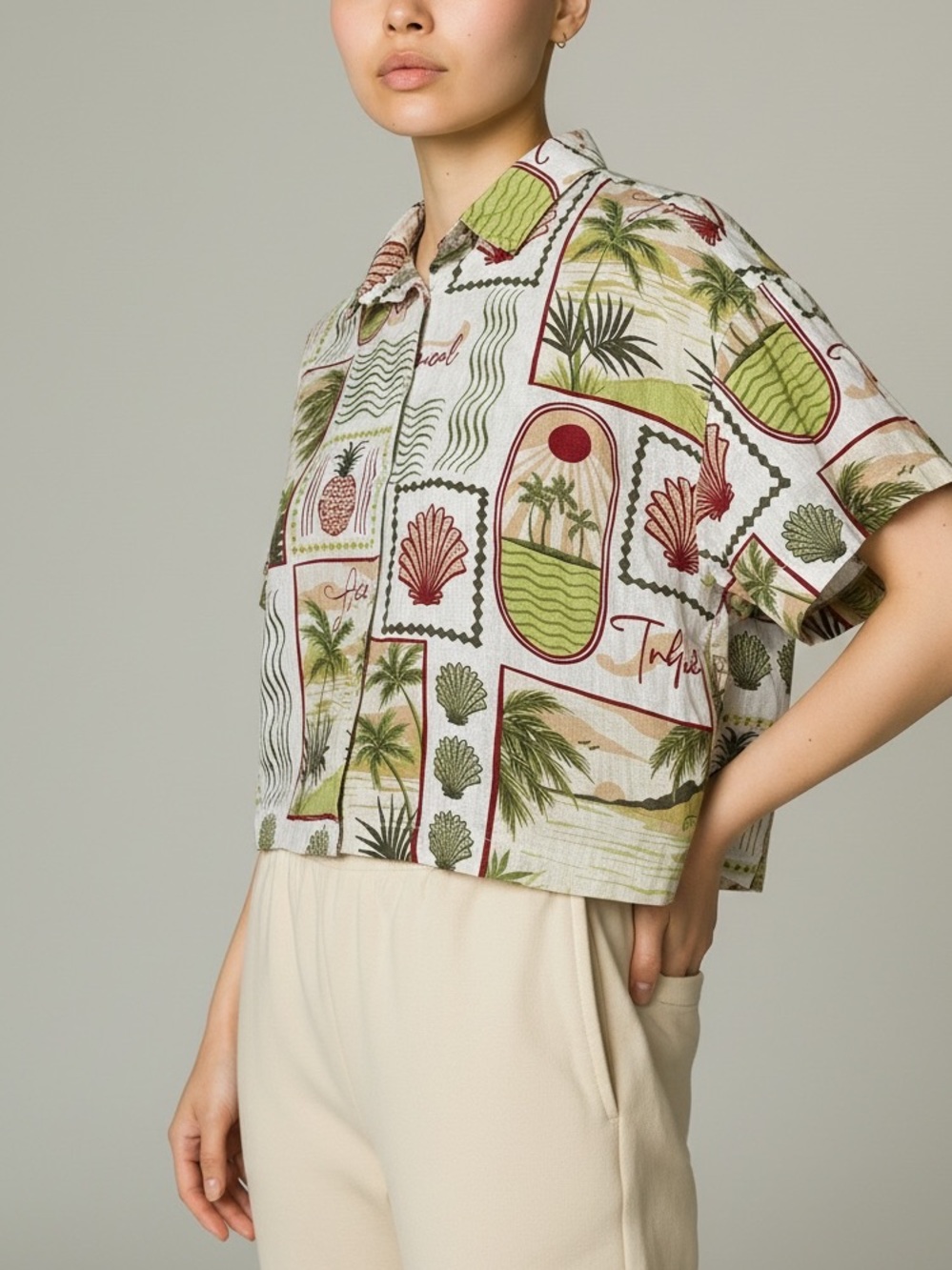 C&C California Tropical Patch Print Boxy Button-Down Shirt